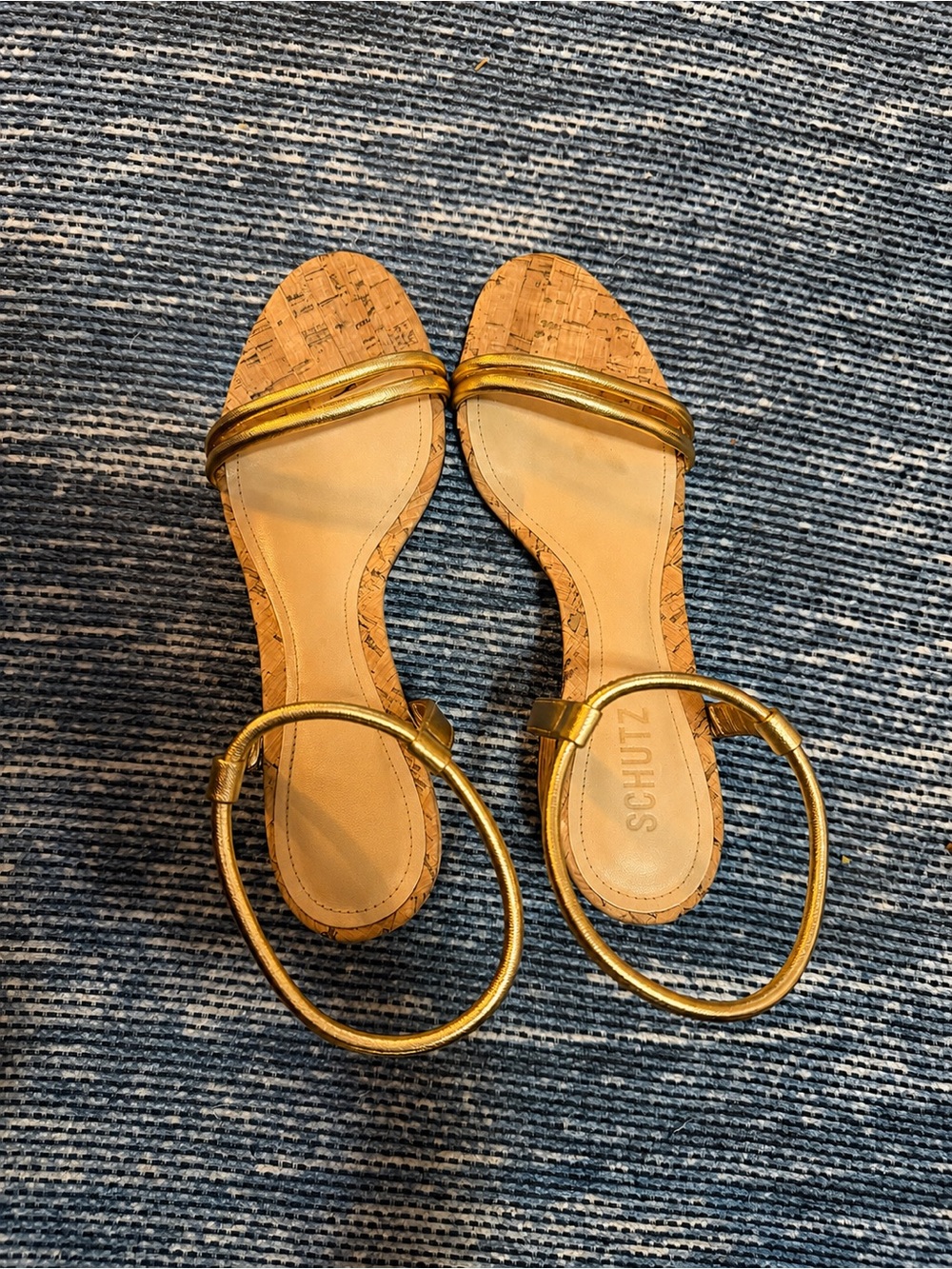 SCHUTZ Metallic Gold Cork Strap Sandals